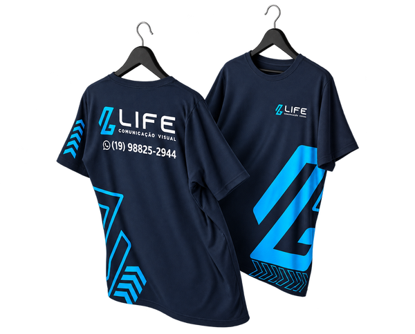 Camiseta dry fit personalizada azul-marinho com sublimação, frente e verso