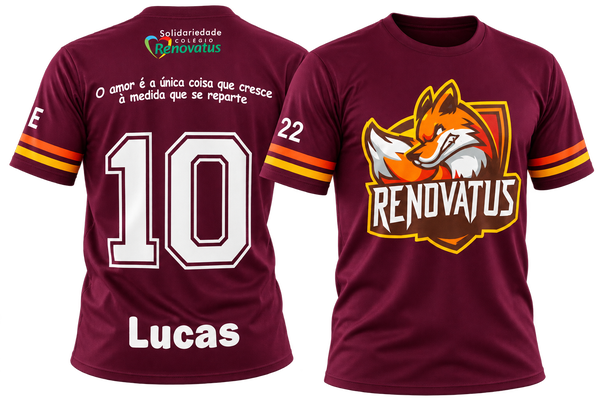 Camiseta personalizada gola redonda vinho, frente e costas, com mascote, nome e número