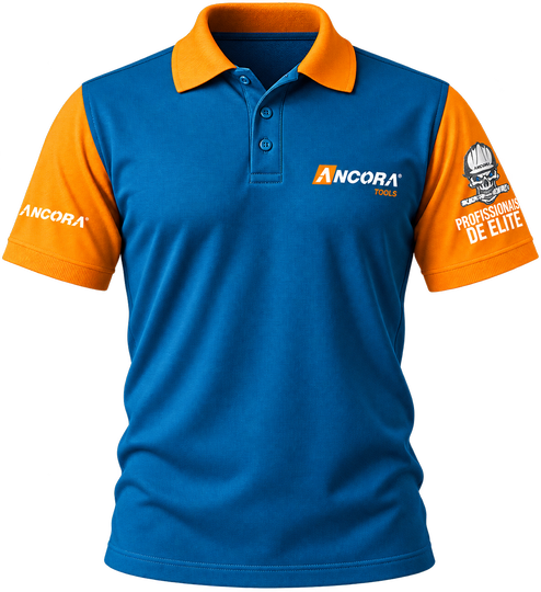 Camisa polo personalizada bicolor azul com gola e manga laranja e bordado no peito