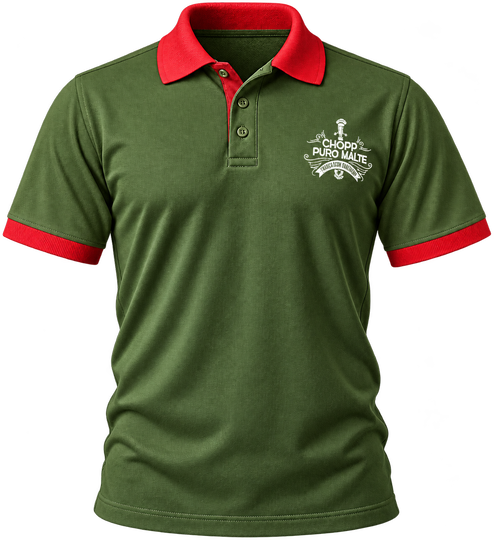 Camisa polo bordada verde militar com gola e punho vermelhos