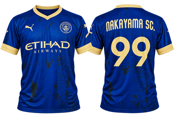 Uniforme de time personalizado azul e dourado, frente e verso, com nome e numeração